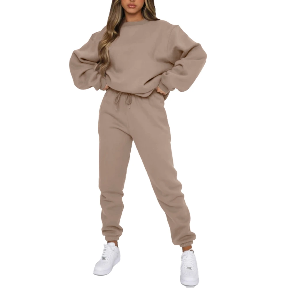 Women Sweatshirt Suit Pure Color Long Sleeve Crewneck Drawstring Closure Elasticated Waist Pants Outfit with Pockets Khaki XL