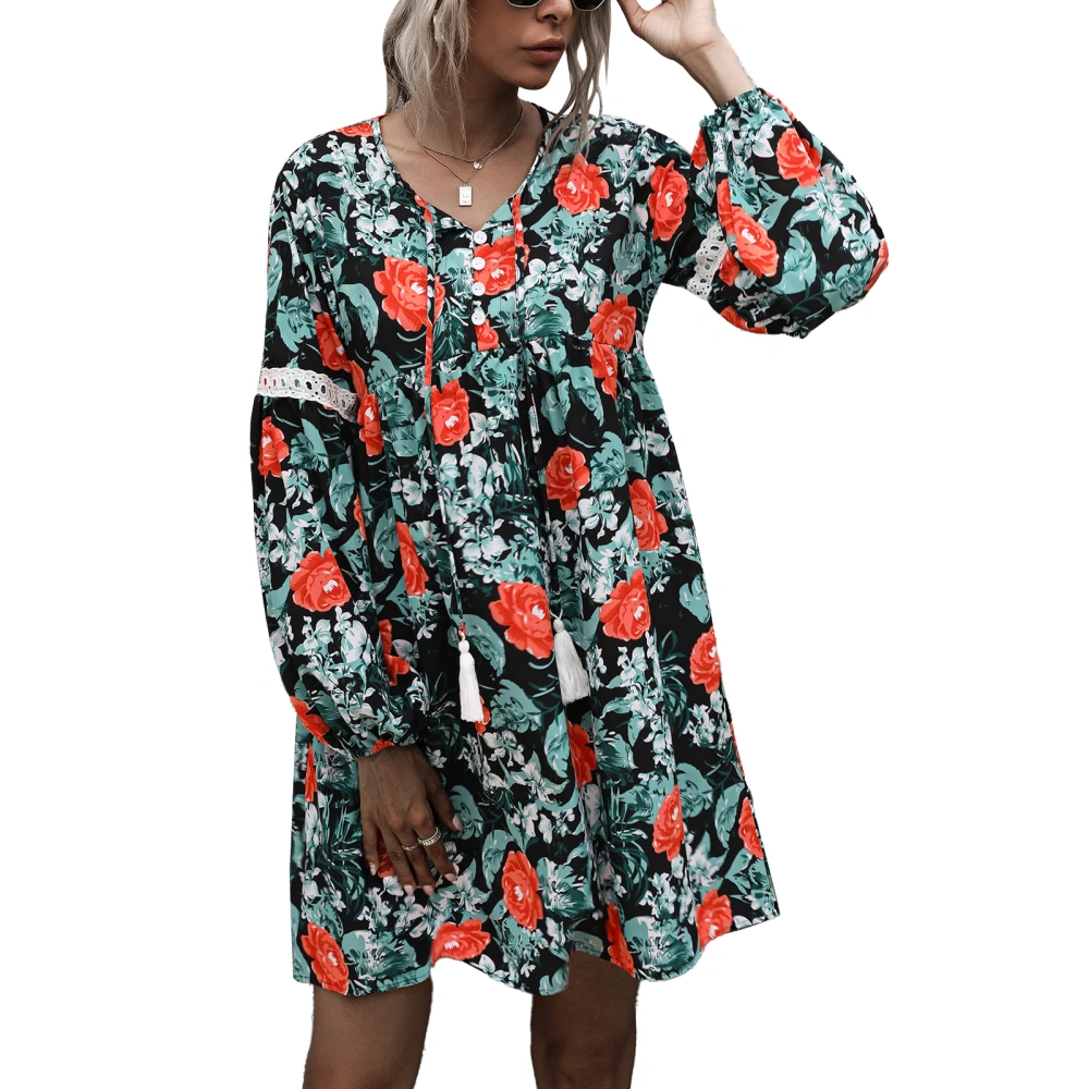 Female Dress Polyester Fiber Cotton V Neck Long Sleeve Floral Printed Lace Stitching Women One Piece Dress Black L