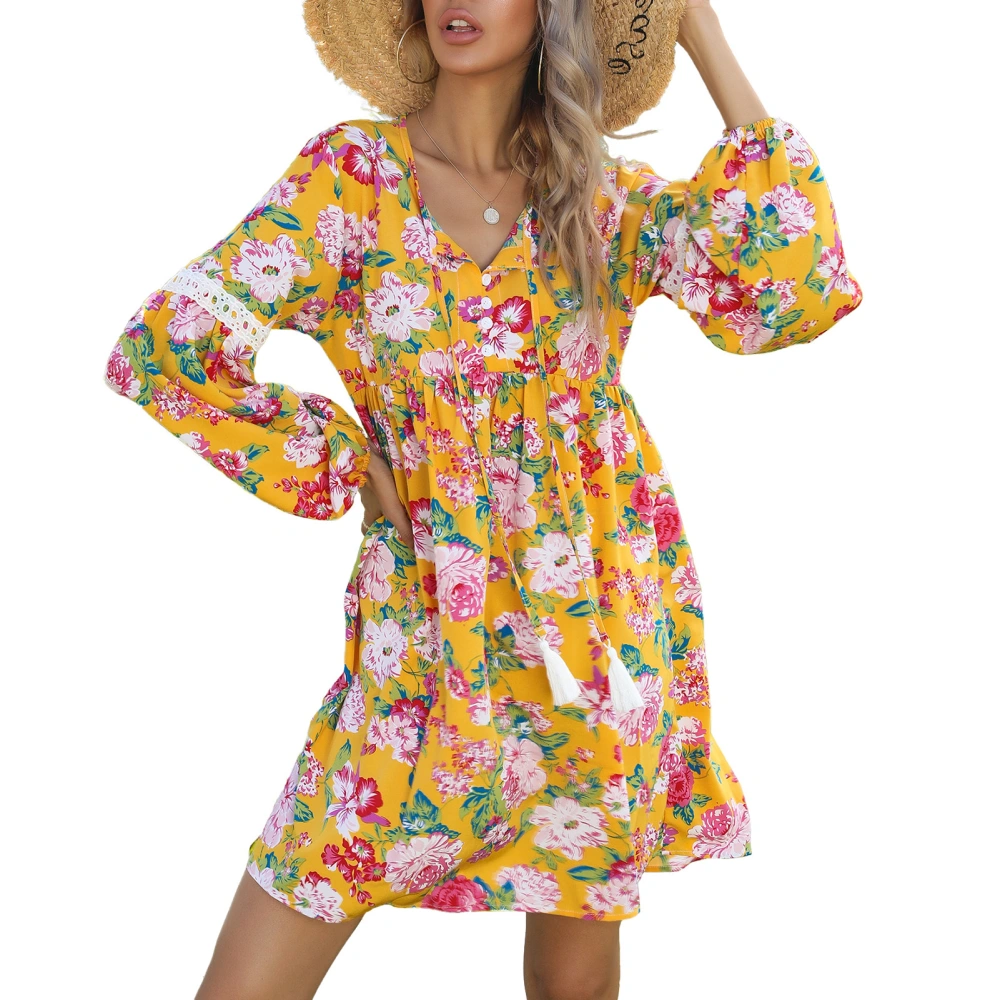 Female Dress Polyester Fiber Cotton V Neck Long Sleeve Floral Printed Lace Stitching Women One Piece Dress Yellow S