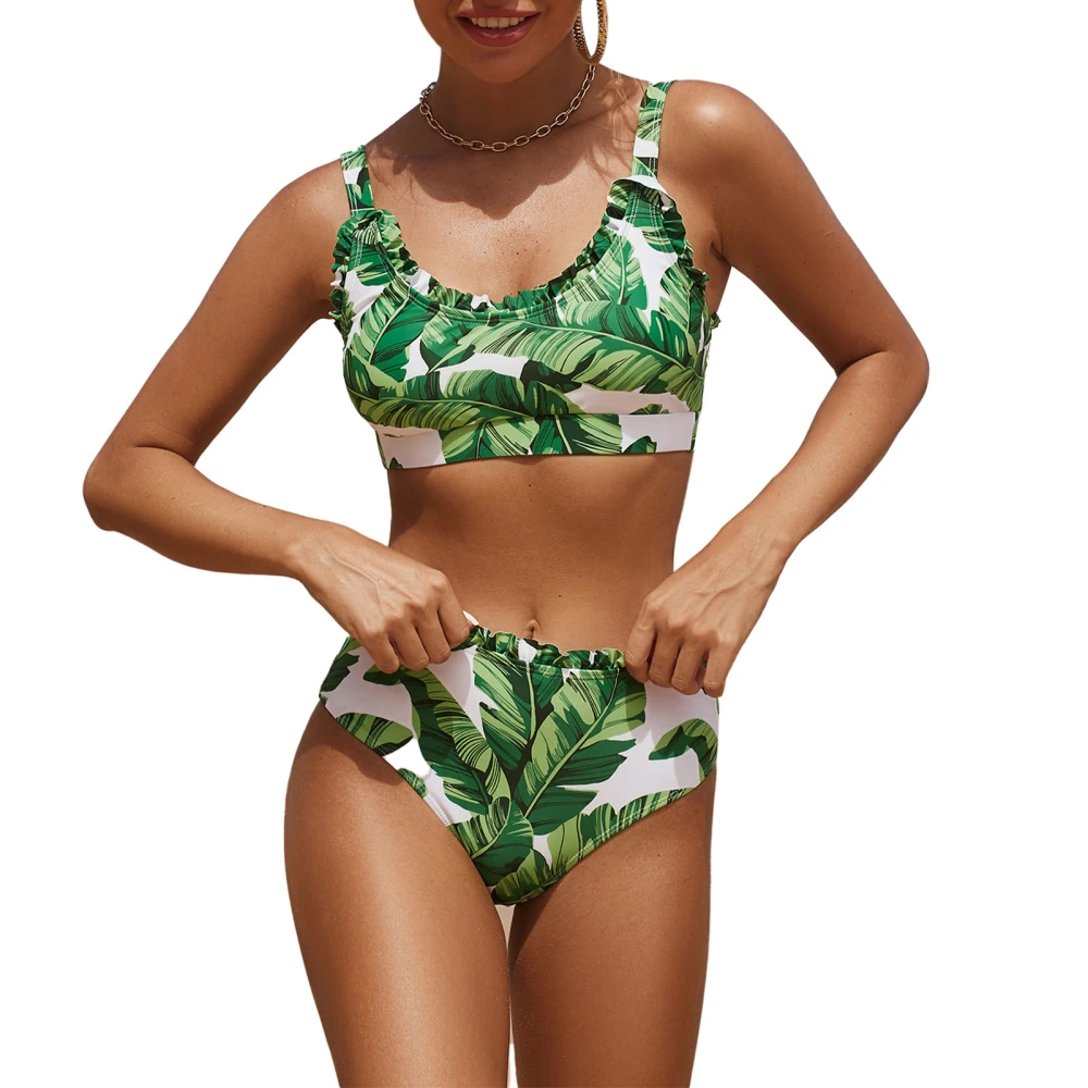 Women Split Swimsuit Frill Trim Suspender High Waist Swim Trunk Swimming Suit Breathable Stretchy Ruffled Bikini Green Leaves XL