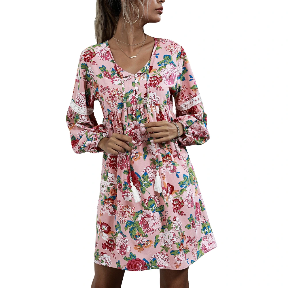 Female Dress Polyester Fiber Cotton V Neck Long Sleeve Floral Printed Lace Stitching Women One Piece Dress Pink S