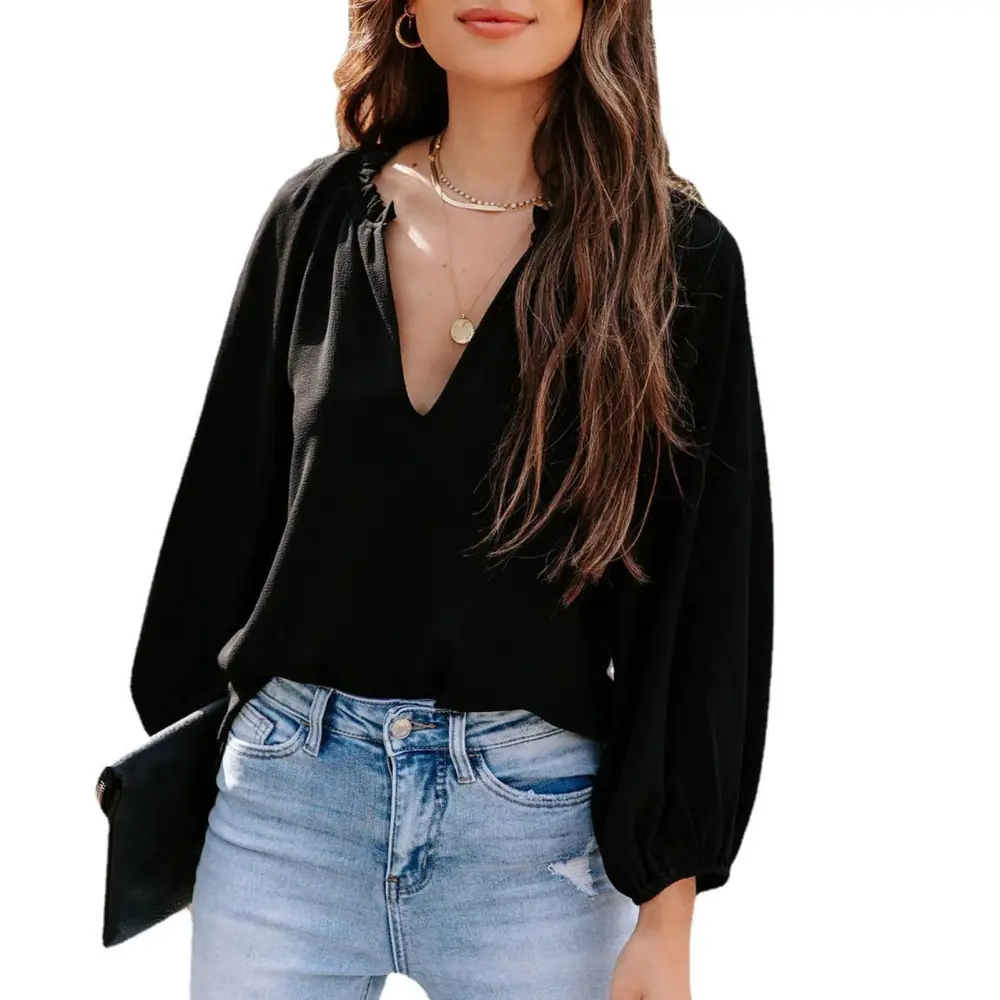 V Neck Top Pure Color Lantern Long Sleeve Shirts Women Casual Loose Blouse for Shopping Black S