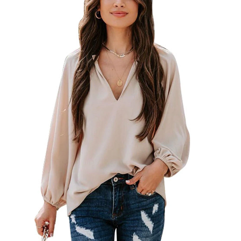 V Neck Top Pure Color Lantern Long Sleeve Shirts Women Casual Loose Blouse for Shopping Khaki M