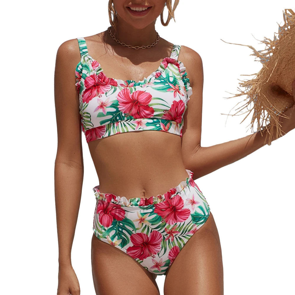 Women Split Swimsuit Frill Trim Suspender High Waist Swim Trunk Swimming Suit Breathable Stretchy Ruffled Bikini Red Flower M