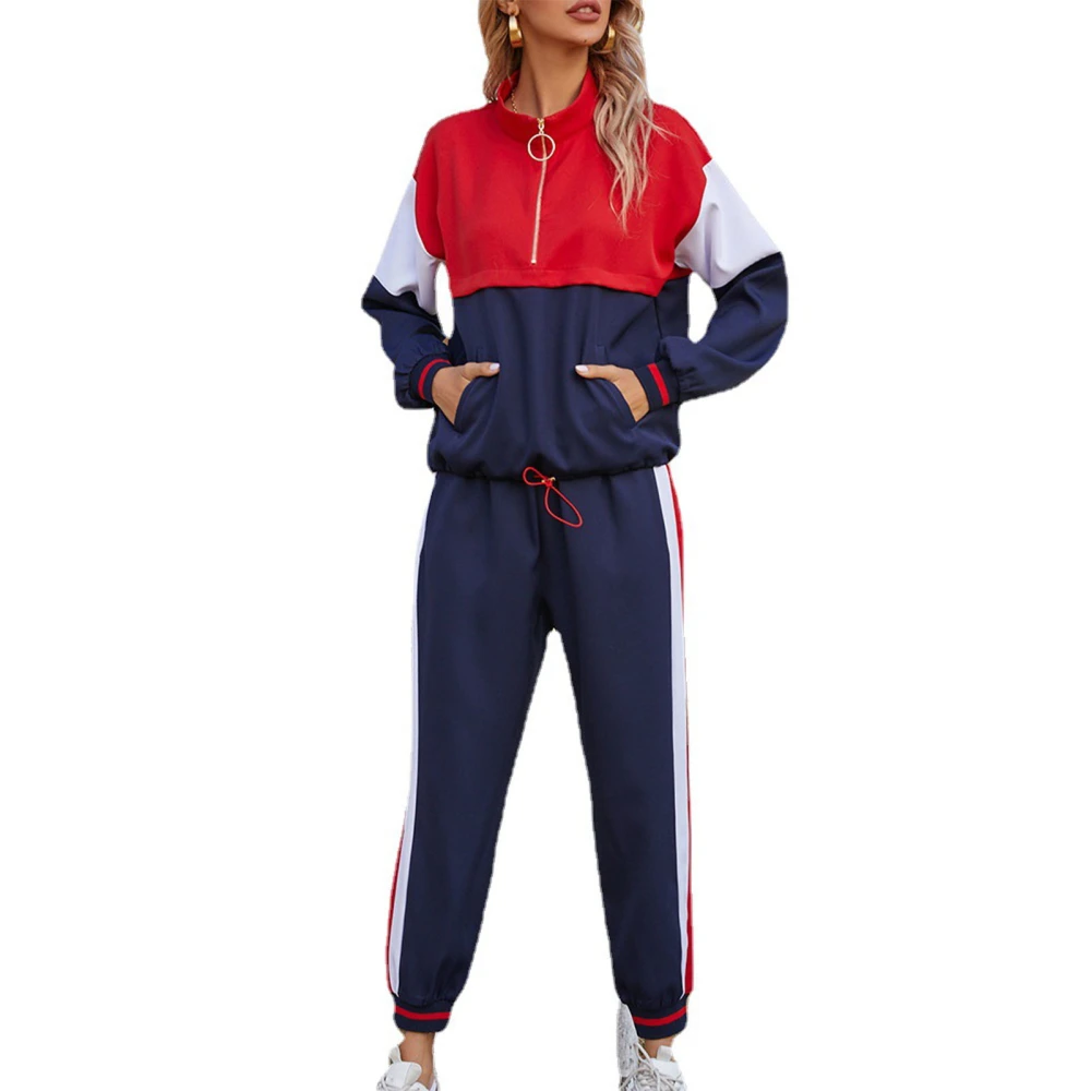 Sweat Suit Color Block Zipper Casual Comfortable Fashionable Sports Two Piece Set for Women Red Blue S