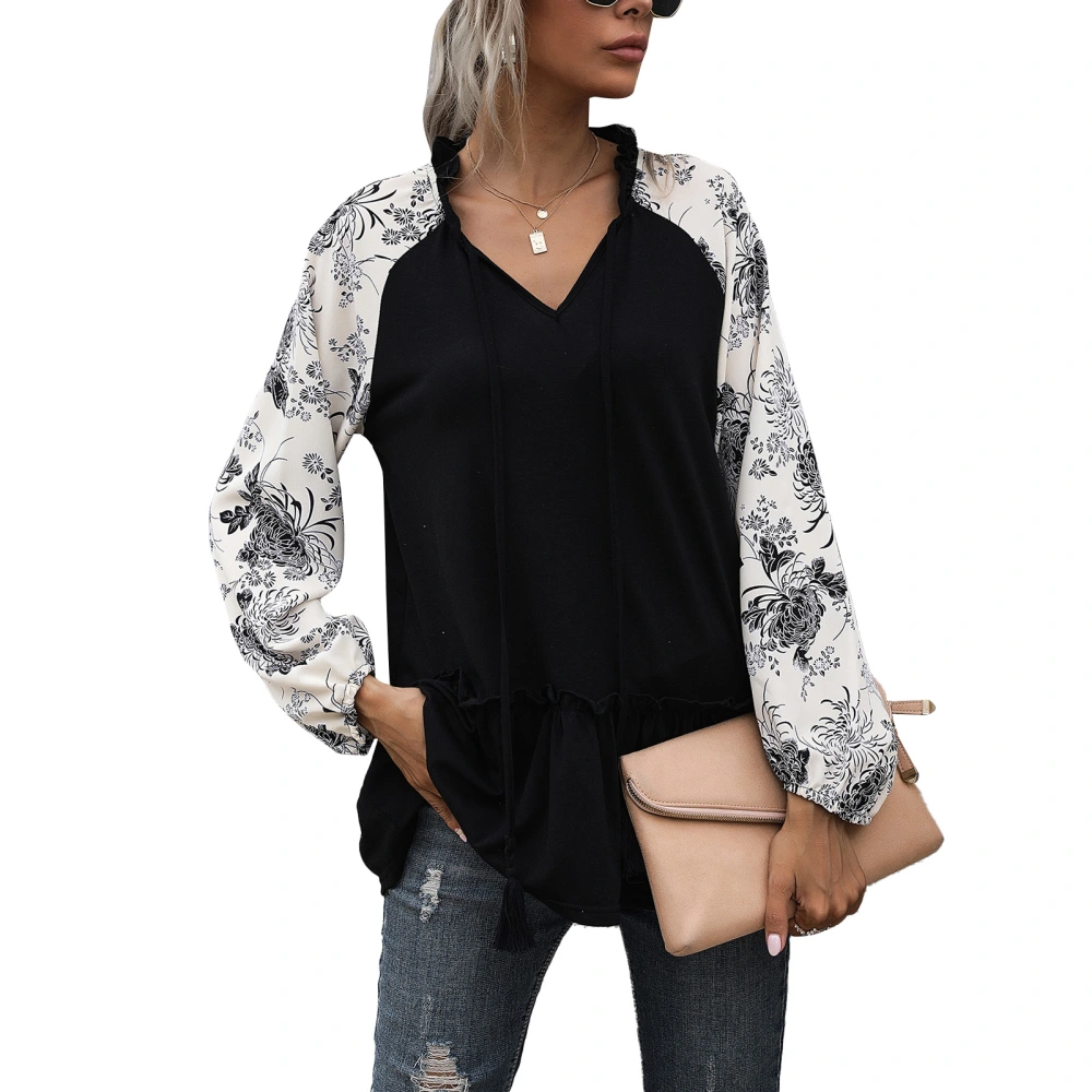 Women Casual Top Printed Panel Long Sleeves V Neck Loose T Shirt for Spring and Autumn Black M