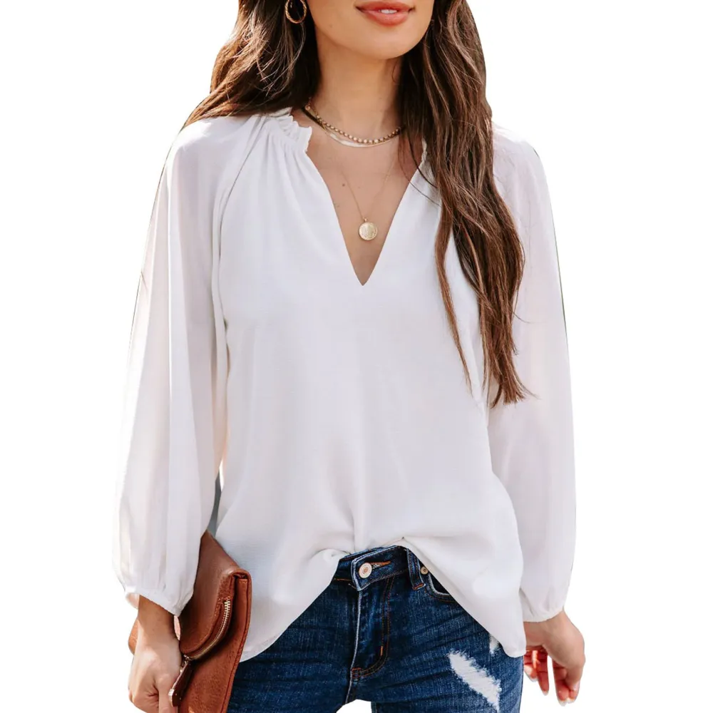 V Neck Top Pure Color Lantern Long Sleeve Shirts Women Casual Loose Blouse for Shopping White S