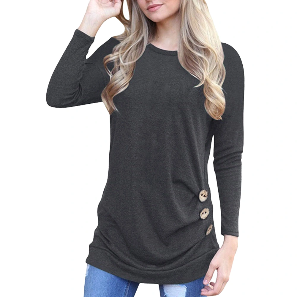 Casual Fit Women Blouse Round Neck Button Decoration Long Sleeve Blouse for Shopping Dark Grey XL