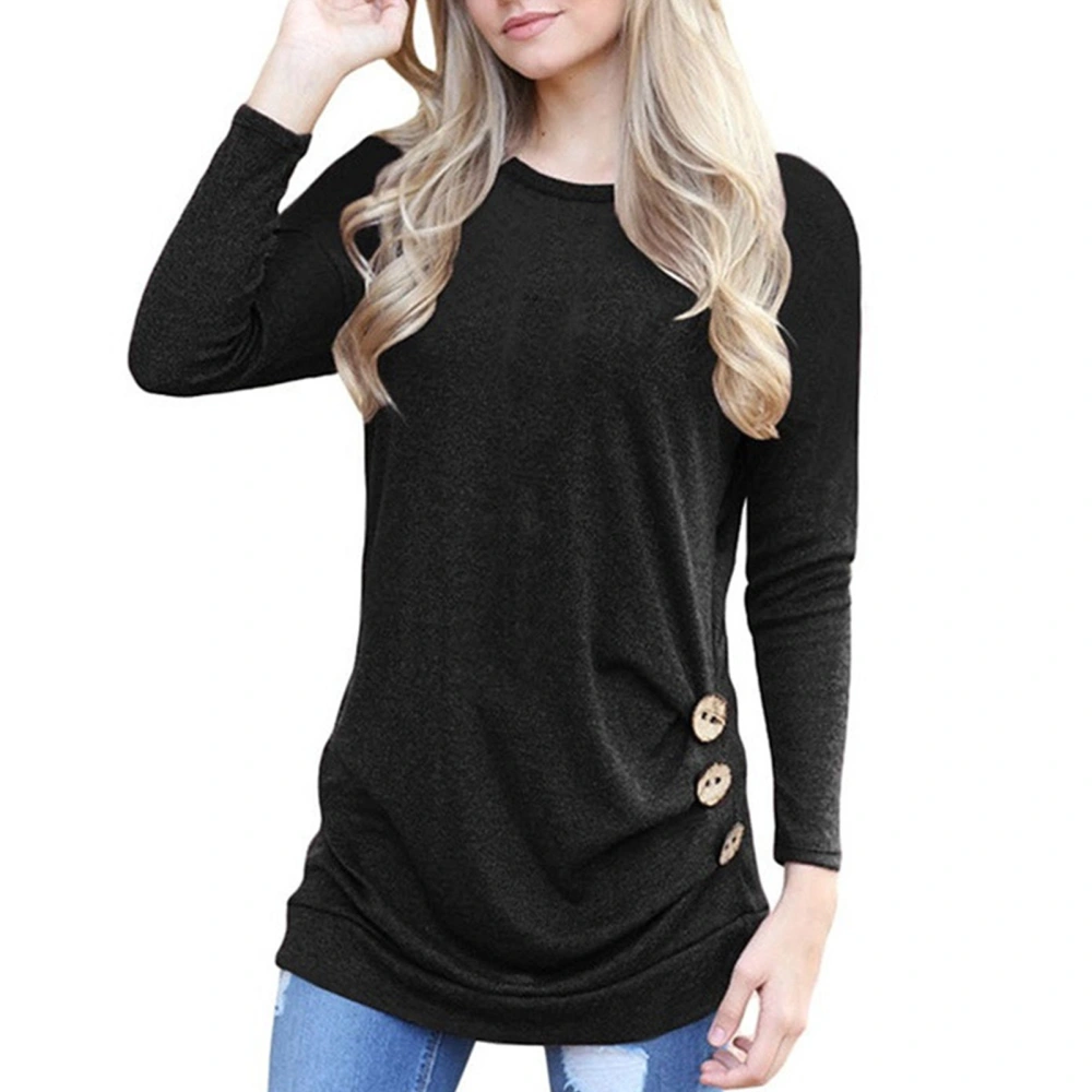 Casual Fit Women Blouse Round Neck Button Decoration Long Sleeve Blouse for Shopping Black S