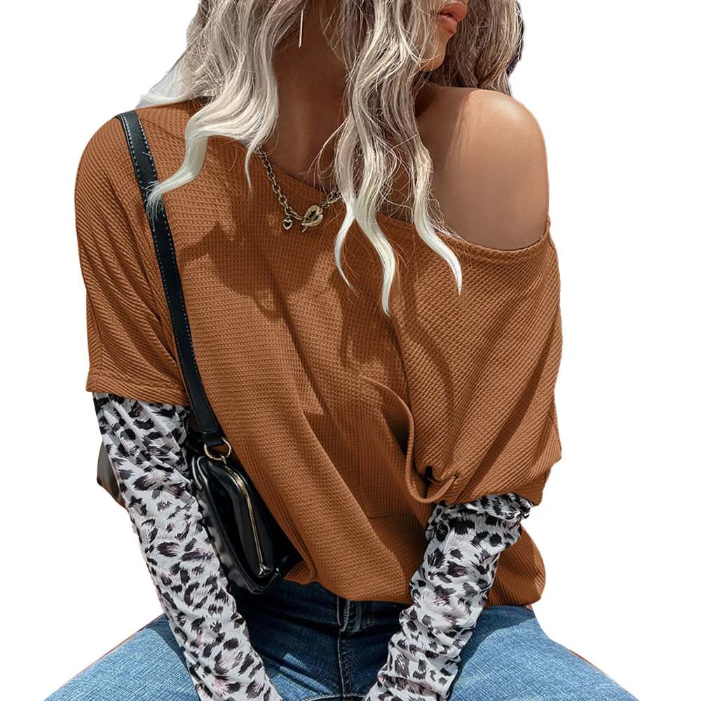 Women Print Color Block T Shirt Loose Casual Long Sleeve Crewneck Drop Shoulder Tops Blouse with Pocket Coffee S