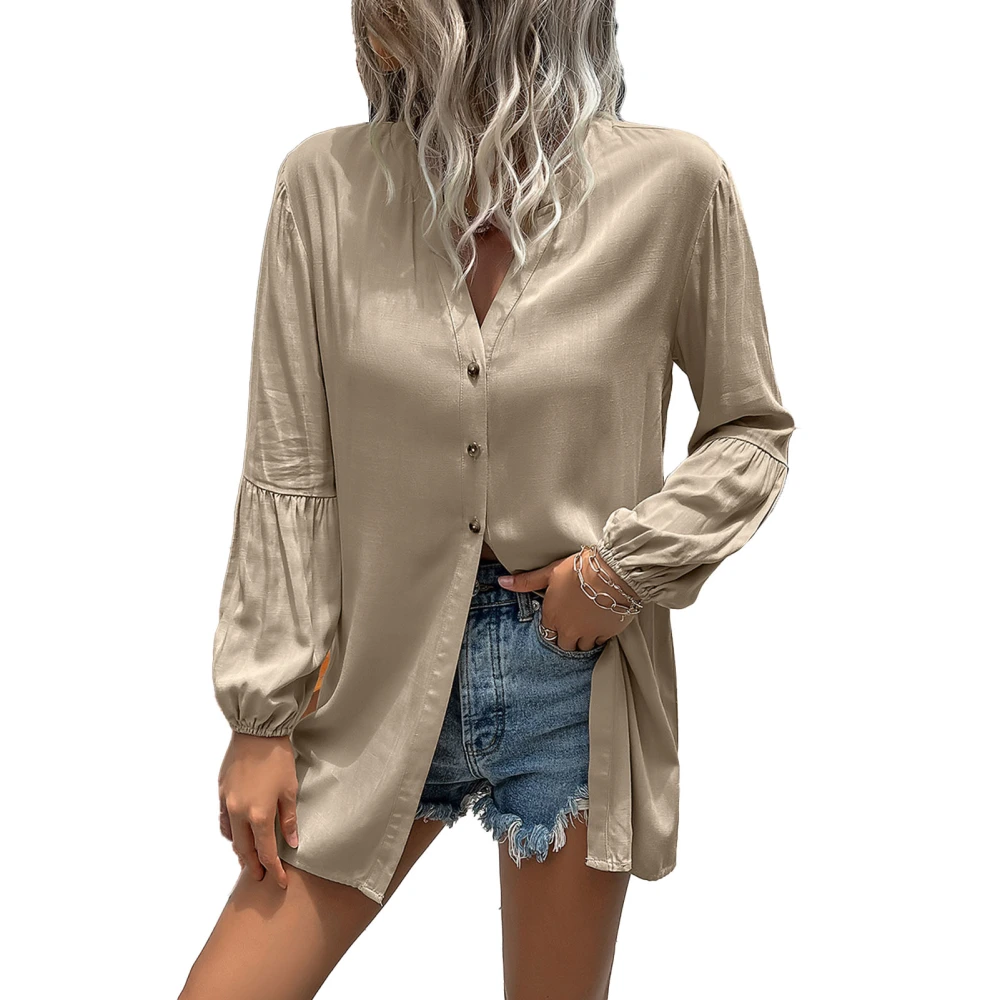 V Neck Long Sleeve Blouse Women Pure Color Loose Casual Button Closure Tops Shirt for Daily Life Work Khaki M