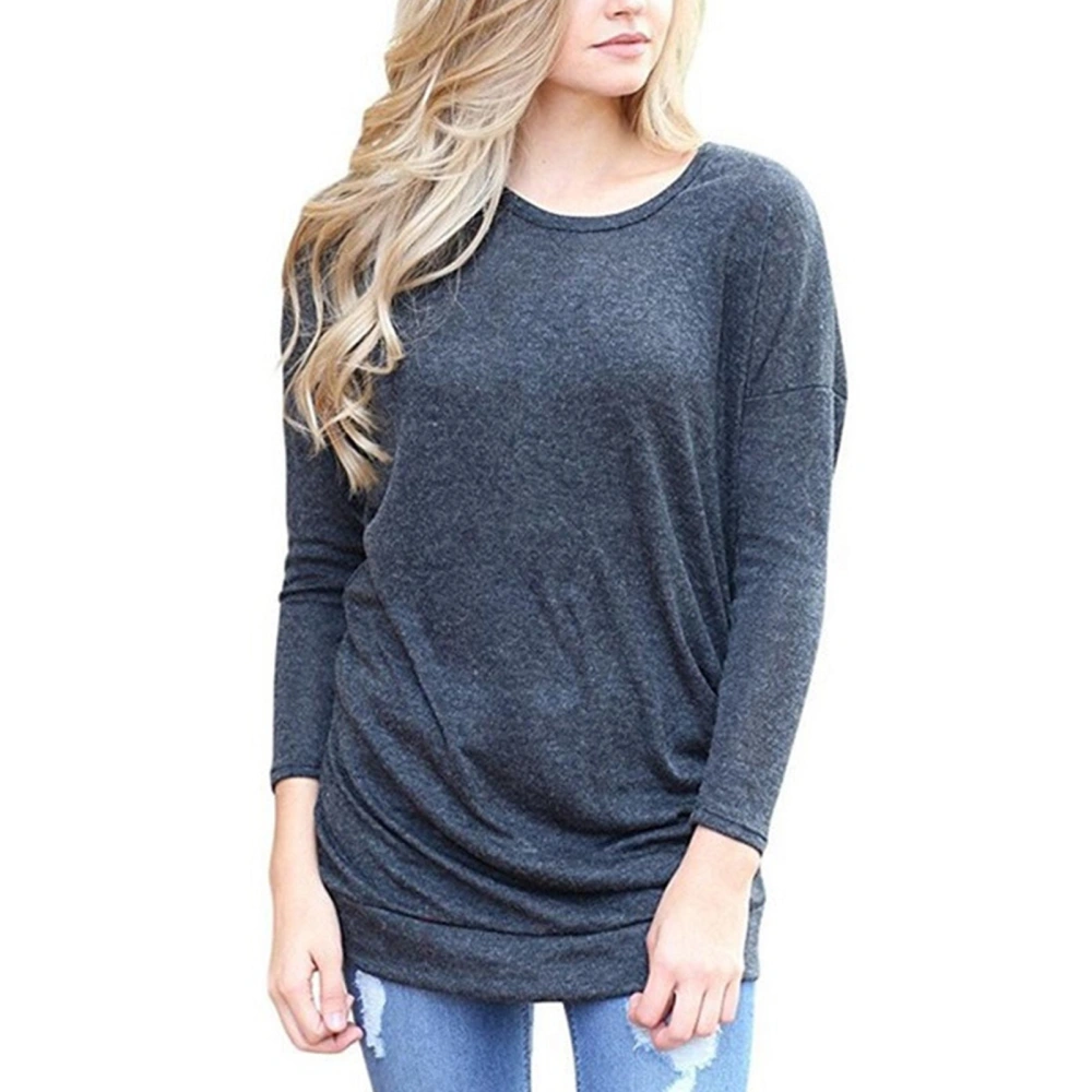 Casual Fit Women Blouse Round Neck Button Decoration Long Sleeve Blouse for Shopping Purplish Blue L