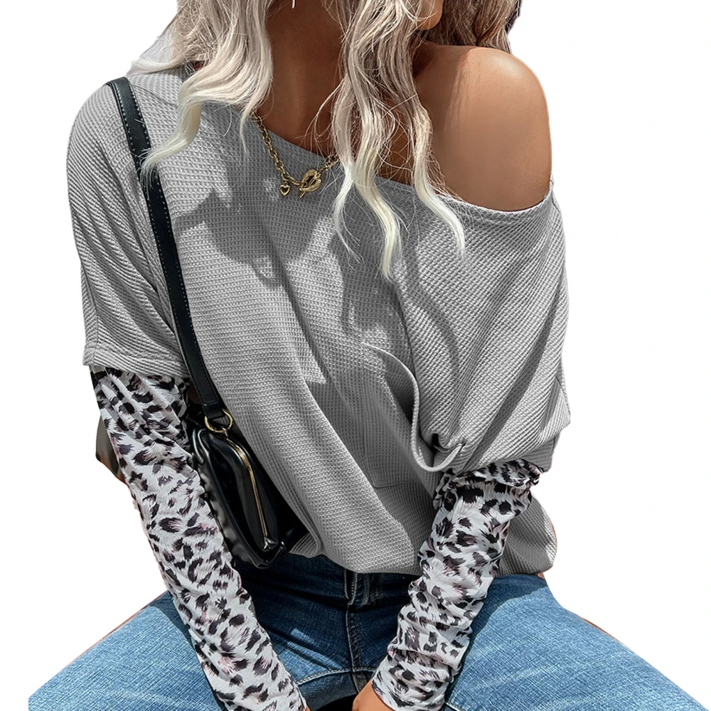 Women Print Color Block T Shirt Loose Casual Long Sleeve Crewneck Drop Shoulder Tops Blouse with Pocket Light Grey XL