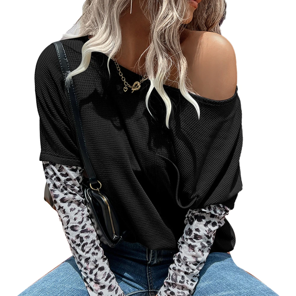 Women Print Color Block T Shirt Loose Casual Long Sleeve Crewneck Drop Shoulder Tops Blouse with Pocket Black L