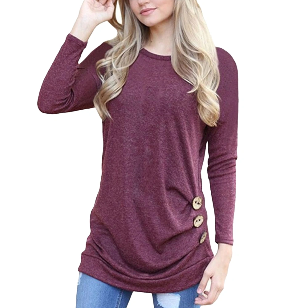 Casual Fit Women Blouse Round Neck Button Decoration Long Sleeve Blouse for Shopping Wine Red XL