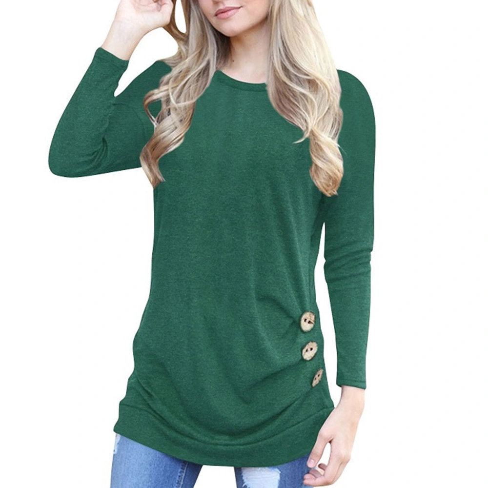 Casual Fit Women Blouse Round Neck Button Decoration Long Sleeve Blouse for Shopping Green S