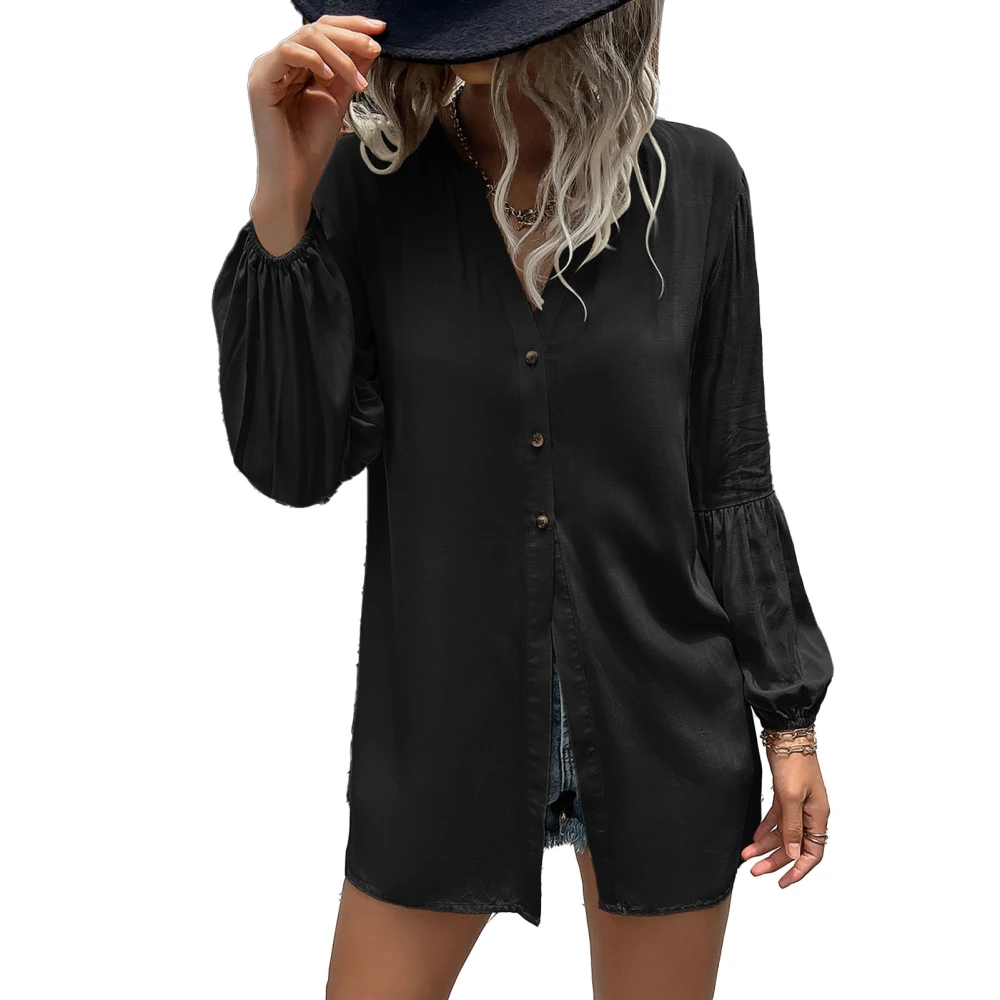 V Neck Long Sleeve Blouse Women Pure Color Loose Casual Button Closure Tops Shirt for Daily Life Work Black S