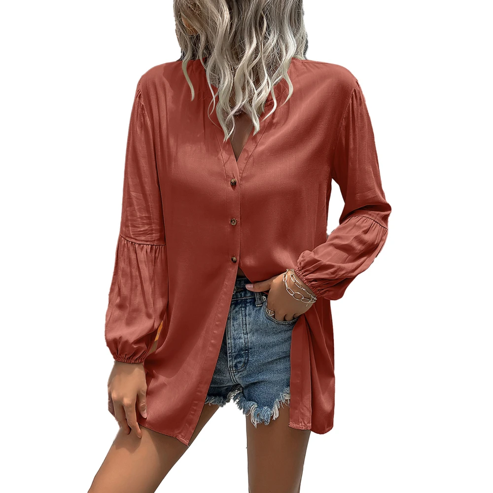 V Neck Long Sleeve Blouse Women Pure Color Loose Casual Button Closure Tops Shirt for Daily Life Work Brick Red L