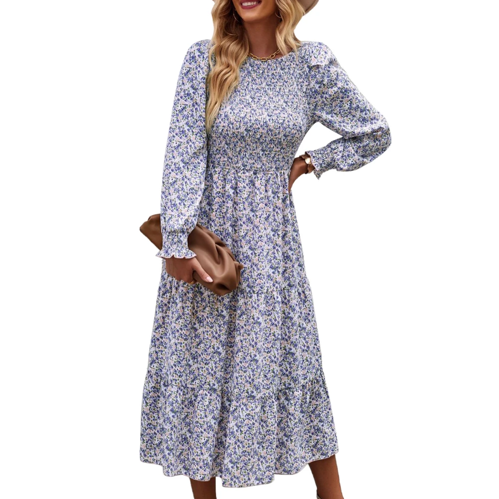 Midi Length Dress Floral Print Round Neck Long Sleeve Fashionable Crewneck Dress for Shopping Pink L