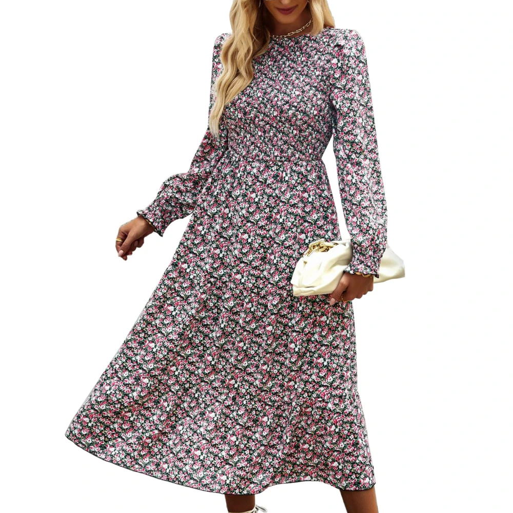 Midi Length Dress Floral Print Round Neck Long Sleeve Fashionable Crewneck Dress for Shopping Black M