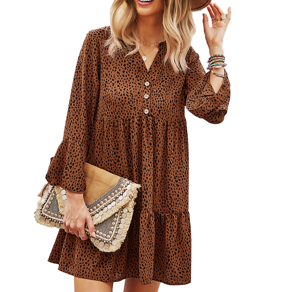 Women V Neck Printed Dress Loose Casual Elegant Long Flare Sleeve Button Dress for Beach Party Dating Brown XL