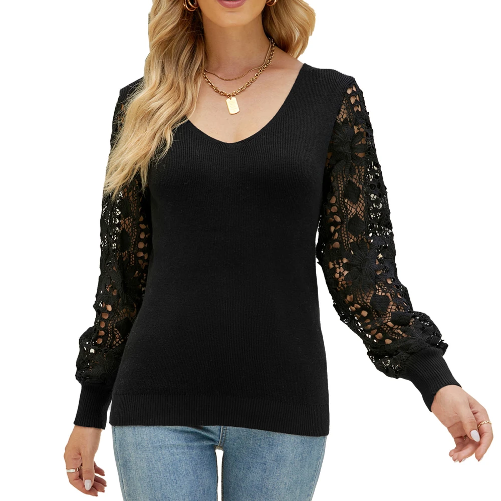 Women Long Sleeve Sweater V Neck Lace Patchwork Sweater Pure Color Knit Pullover Sweater Black S