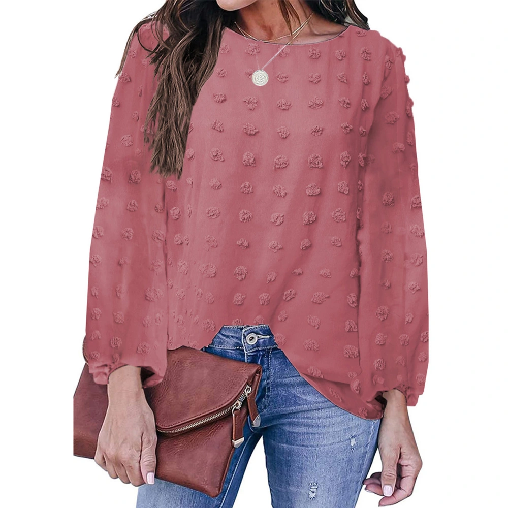 Loose Fit Blouse Round Neck Dot Fashionable Breathable Long Sleeve Blouse for Dating Red L