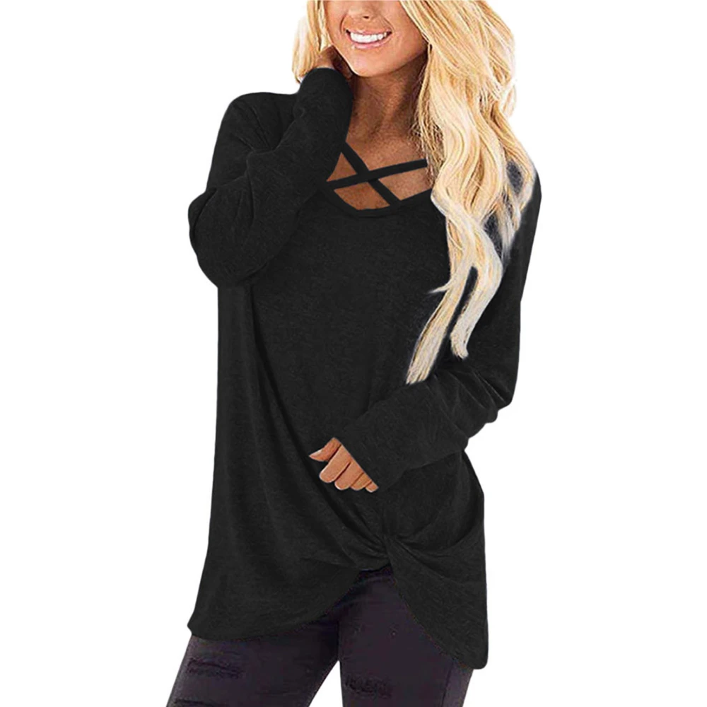 Women Pullover Shirt Crisscross Neck Long Sleeve Loose Casual Sweatershirt for Autunm Black XL