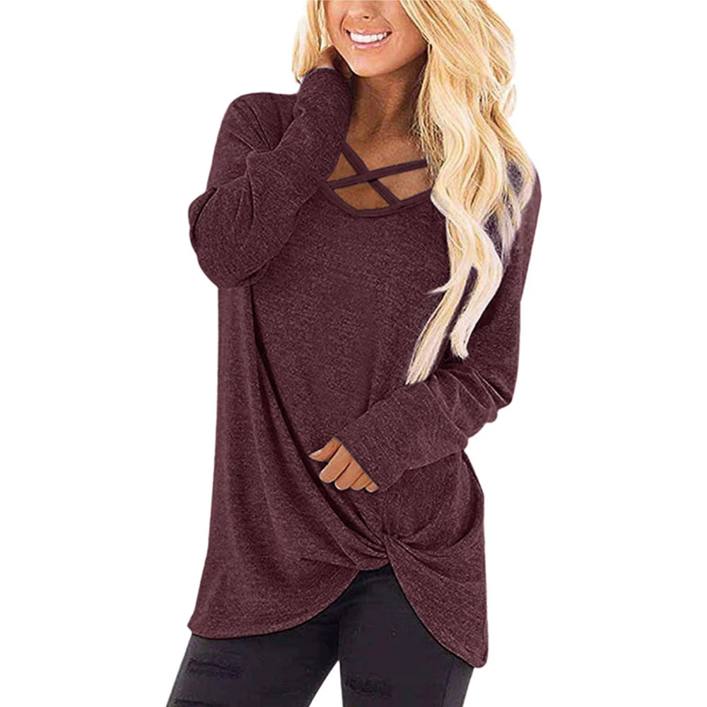 Women Pullover Shirt Crisscross Neck Long Sleeve Loose Casual Sweatershirt for Autunm Purplish Red XL