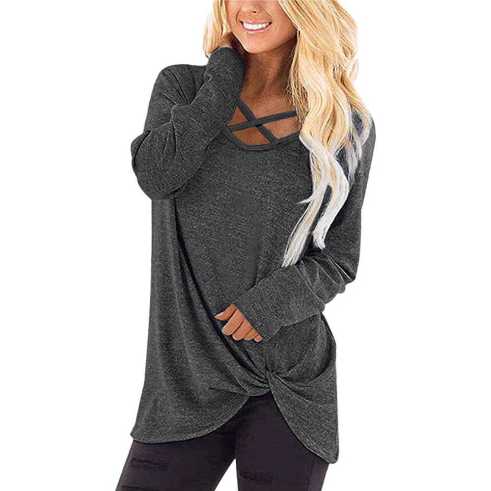 Women Pullover Shirt Crisscross Neck Long Sleeve Loose Casual Sweatershirt for Autunm Grey S