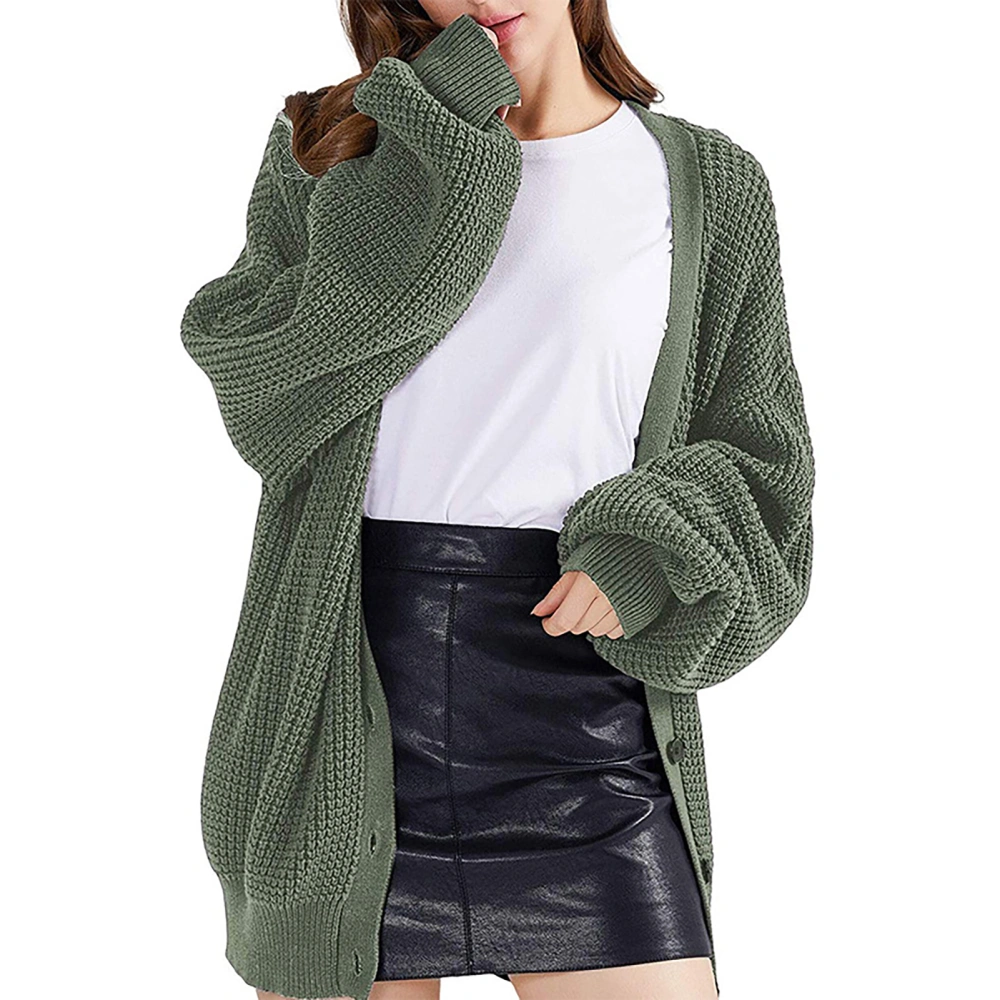 Women Long Puff Sleeve Cardigan Sweater Loose Casual Button Closure Knit Cardigan Outwear Coat for Daily Life OD Green S