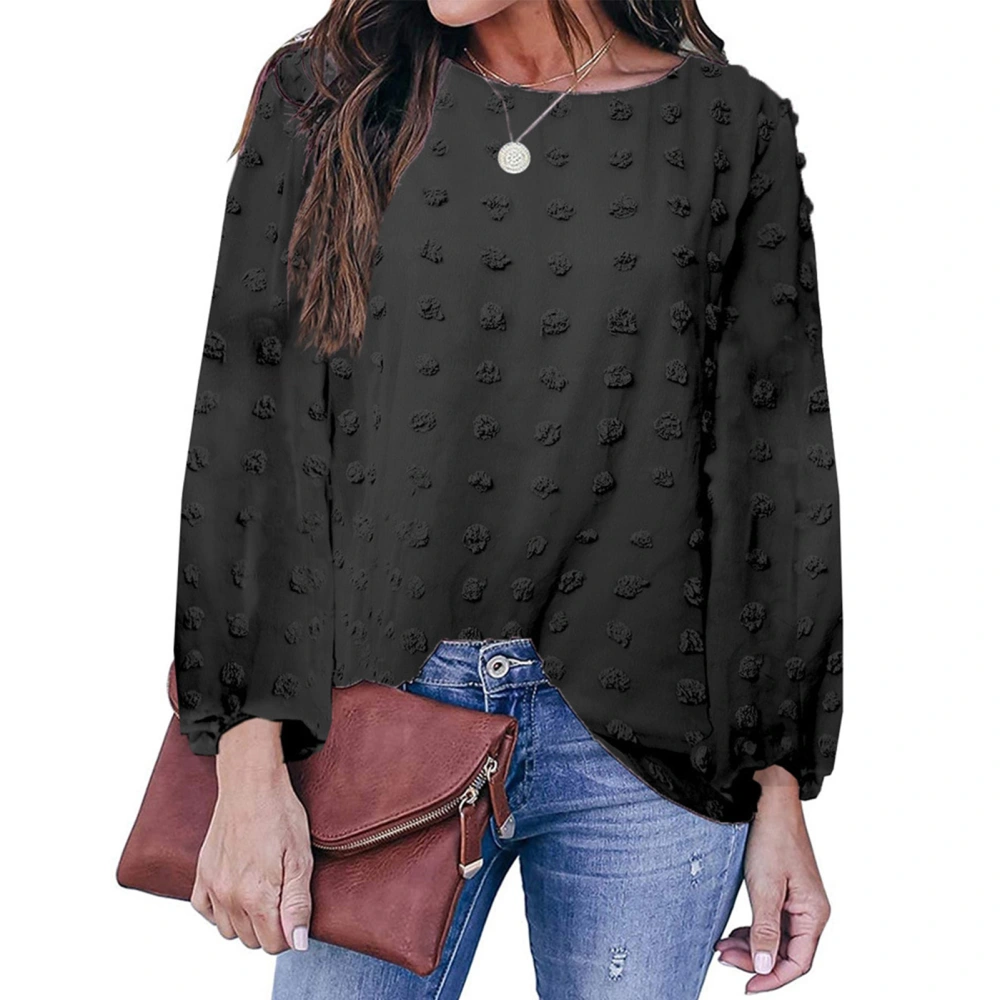 Loose Fit Blouse Round Neck Dot Fashionable Breathable Long Sleeve Blouse for Dating Black XL