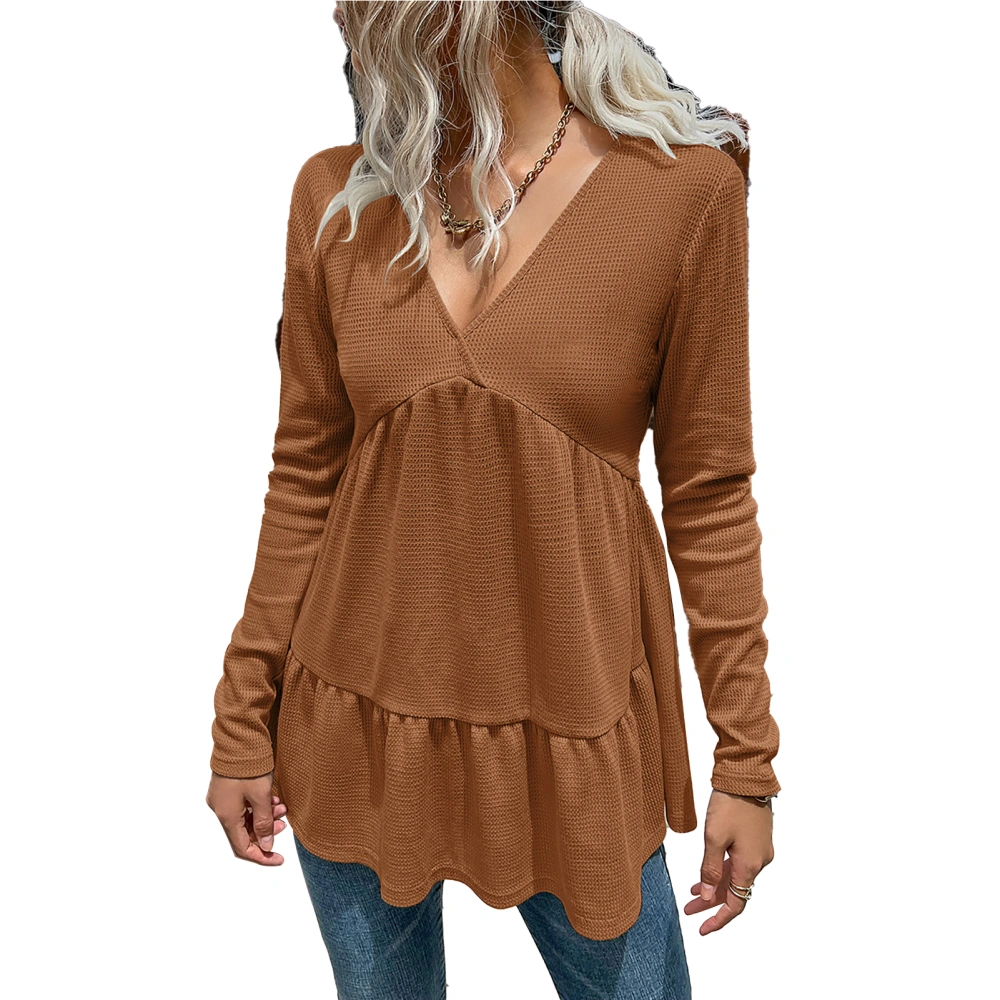 Pure Color V Neck Long Sleeve Tops Women Fashionable Elegant Loose Casual Ruffle Hem T Shirt for Dating Coffee M