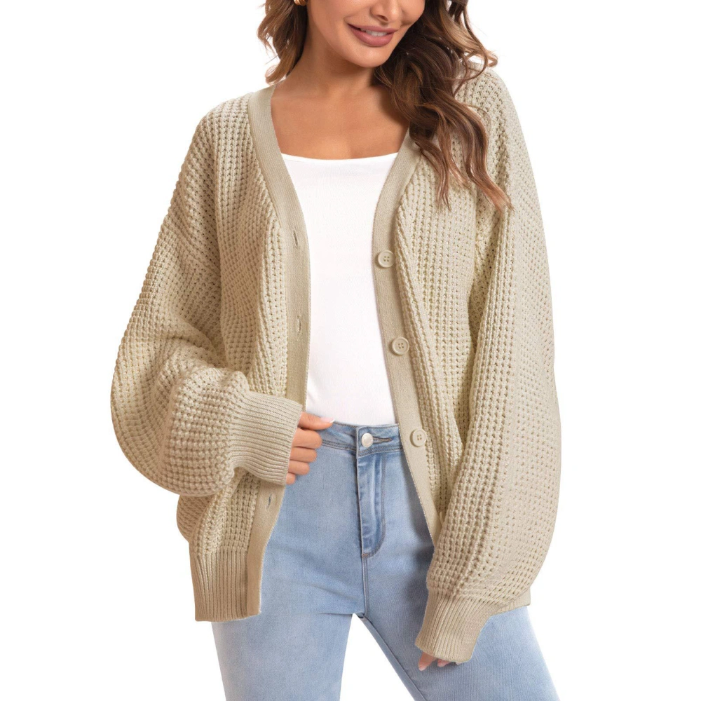 Women Long Puff Sleeve Cardigan Sweater Loose Casual Button Closure Knit Cardigan Outwear Coat for Daily Life Khaki L