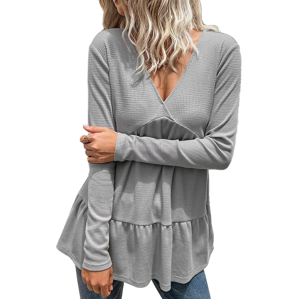 Pure Color V Neck Long Sleeve Tops Women Fashionable Elegant Loose Casual Ruffle Hem T Shirt for Dating Light Grey S