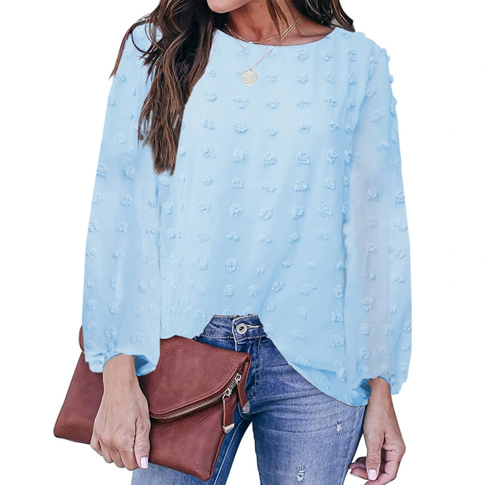 Loose Fit Blouse Round Neck Dot Fashionable Breathable Long Sleeve Blouse for Dating Light Blue M