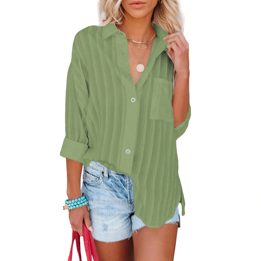 Casual Fit Blouse V Neck Button Up Rollable Long Sleeve Turn Down Collar Loose Fit Blouse Green M