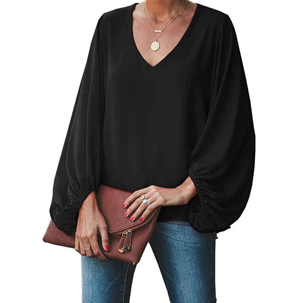 Women Long Sleeves Blouse V Neck Shirts Pure Color Top Casual Loose Bishop Sleeve Blouses Black XL