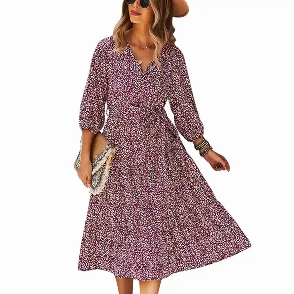 Long Sleeve Floral Dress with Waist Belt V Neck Large Hem Casual Dress for Autumn and Winter Wine Red M