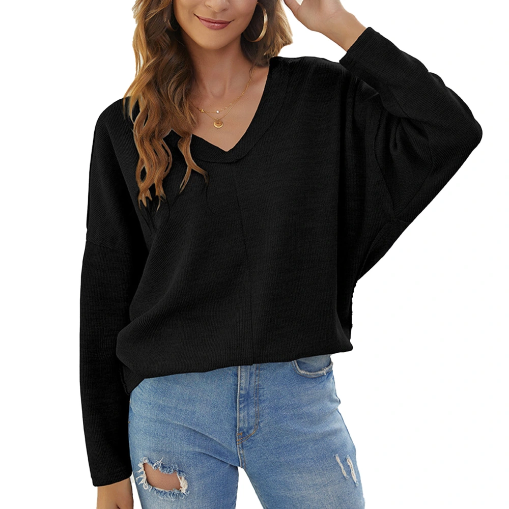 Knitted Sweaters V Neck Drop Shoulder Loose Hem Pure Color Pullover Sweater for Travel Black L