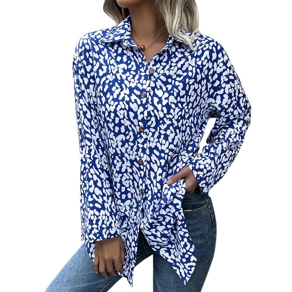 Women Blouse Polyester Leopard Print Lapel Collar Single Breasted Long Sleeve Women Shirt for Daily Work Party Blue M