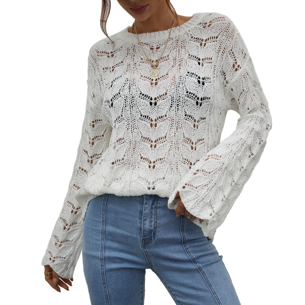 Women Crochet Sweater Pure Color Crochet Sweater Hollow Out Long Sleeves Knit Sweater White L