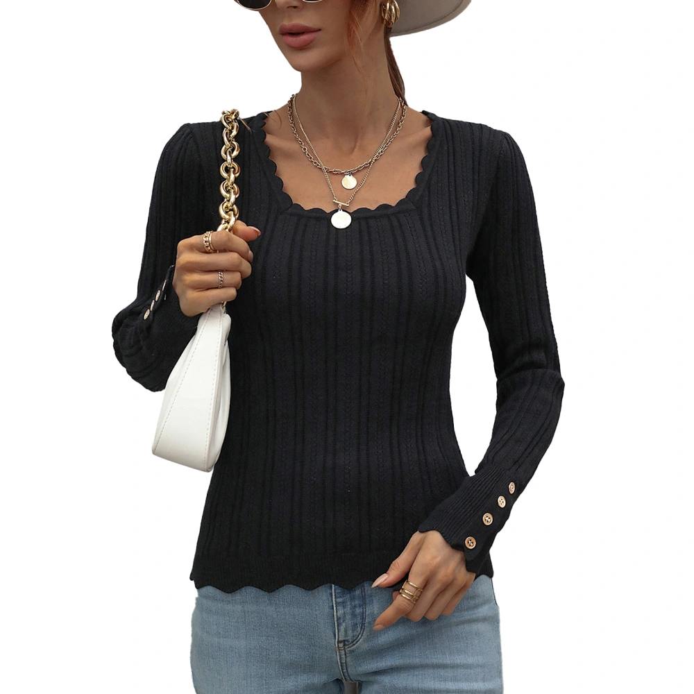 Women Knitted Sweaters Stretchy Slim Rib Knit Long Sleeve Pullover for Spring Autunm Black S