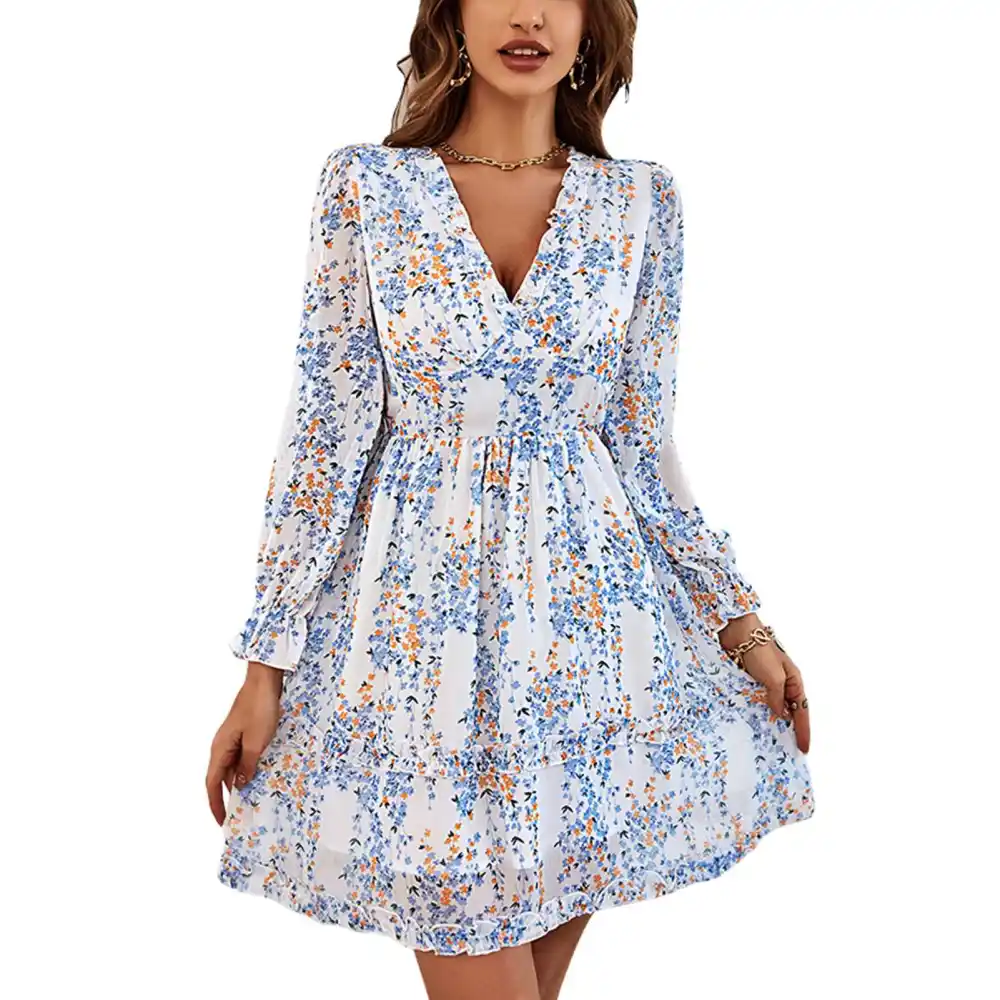 Women Printed V Neck Dress A Line Swing High Waist Dress Long Sleeves Elastic Waist Dress White L