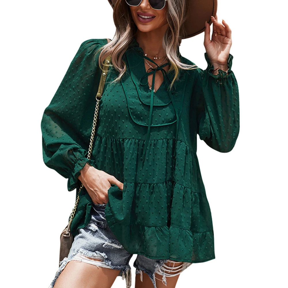 Women Blouse V Neck Lantern Sleeve Loose Ruffle Hem Casual Tunic Blouse for Autumn Spring OD Green S