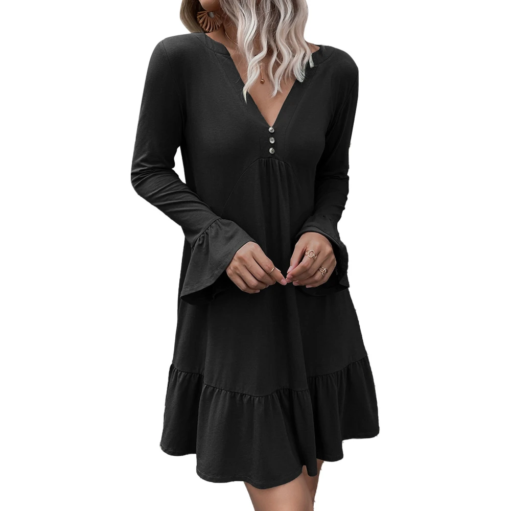 Women V Neck Dress Ruffle Pure Color Dress Stylish Button Front Long Sleeves Dress Black S