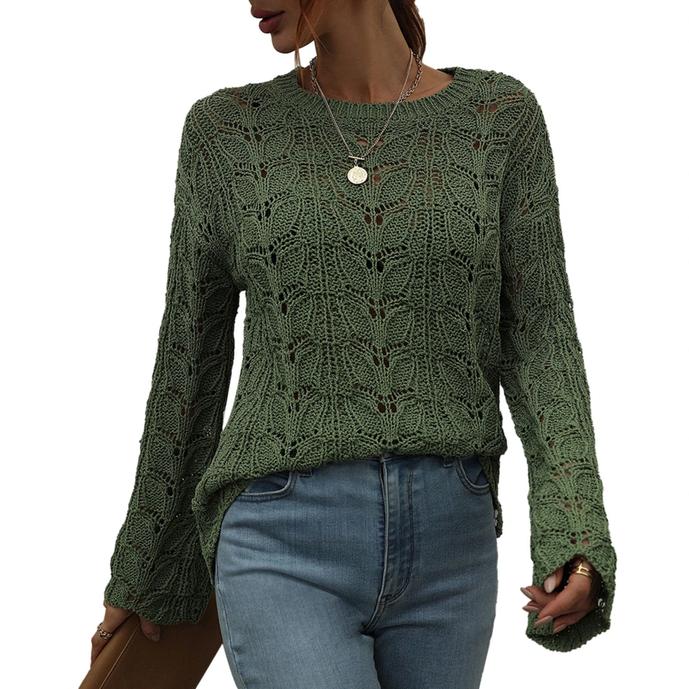 Women Crochet Sweater Pure Color Crochet Sweater Hollow Out Long Sleeves Knit Sweater Green XL