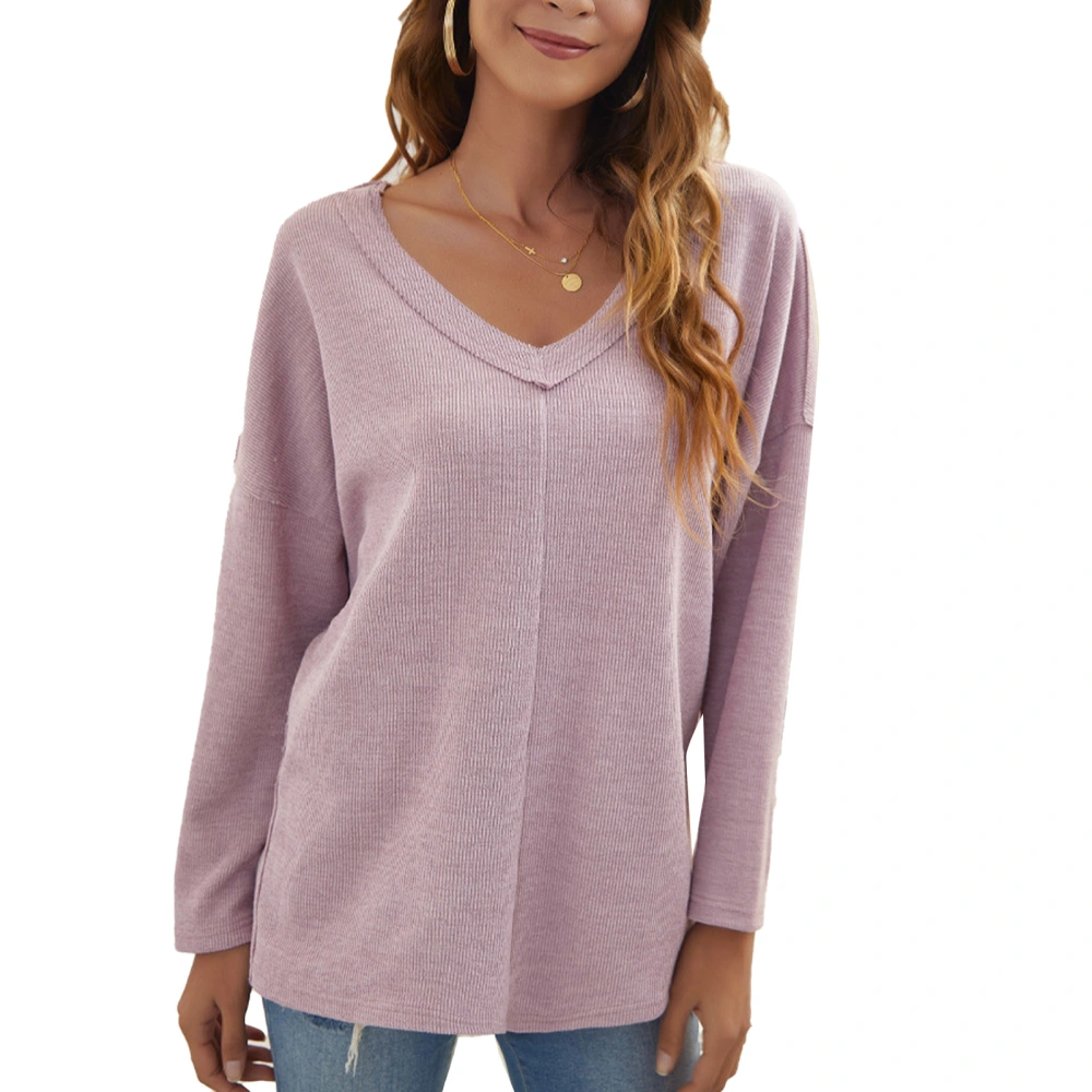 Knitted Sweaters V Neck Drop Shoulder Loose Hem Pure Color Pullover Sweater for Travel Purple XL