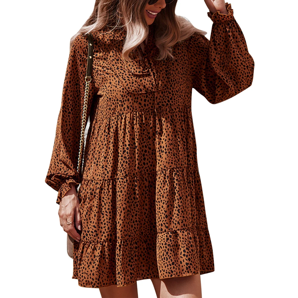 Women Dress Floral V Neck Long Lantern Sleeve Ruffle Hem High Waist Dress for Girls Brown XL