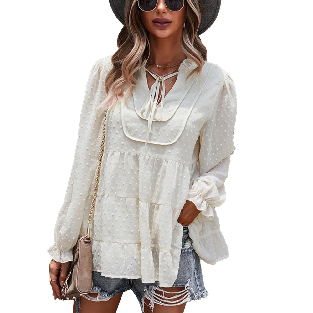 Women Blouse V Neck Lantern Sleeve Loose Ruffle Hem Casual Tunic Blouse for Autumn Spring Beige M